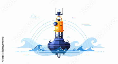 Maritime Navigation Buoy on Ocean Waves Flat Illustration