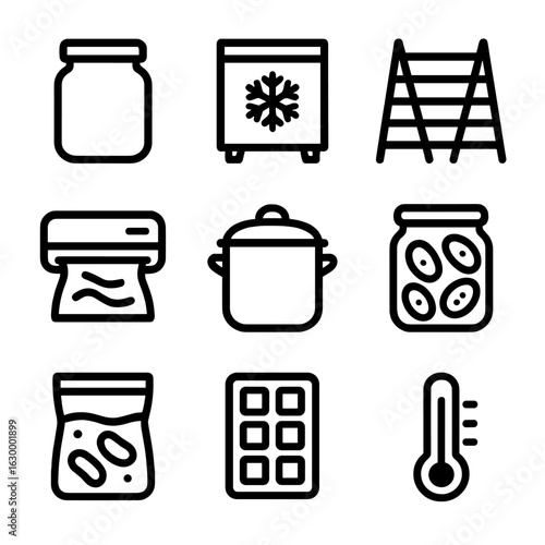 Food Preservation Icons. Solid, filled icon set of Food preservation techniques: jar with lid, freezer, drying rack, vacuum sealer