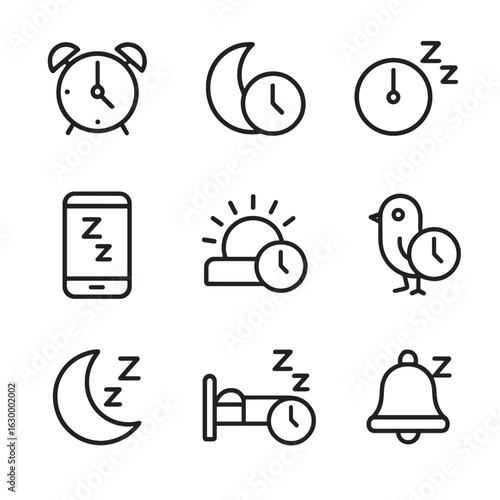 Sleep and Teacher Icons. Outline icon set of sleep and rest timing: bedtime clock, moon with clock, nap timer, sleep tracker, wake