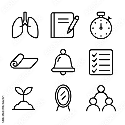 Mindset Icons Grid. Outline icon set of mindset exercises: breathing lungs, journal notebook, timer clock, yoga mat, mindfulness