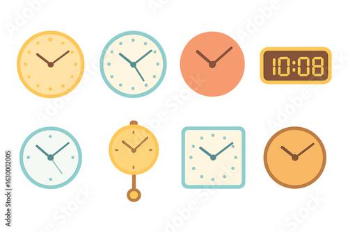 Minimalist Clock Icons. Flat vector mini-illustrations minimalist modern clocks in colors children's illustrations: frameless