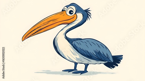 Digital illustration of a cartoon pelican with a prominent orange beak and detailed shading.