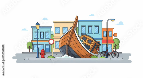 Tsunami Aftermath: Boat Washed Ashore in City Street