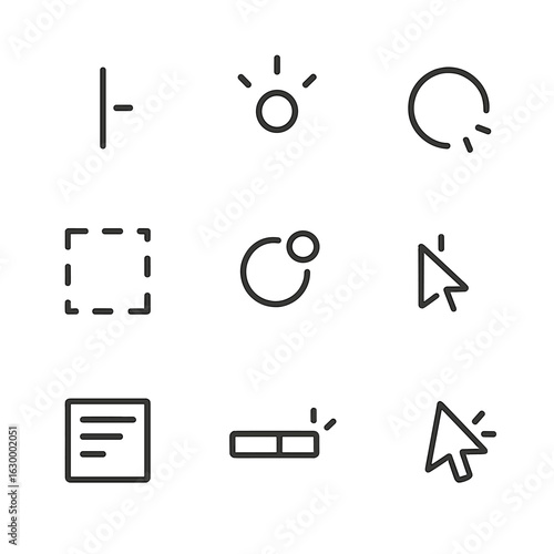Minimalist UI Icon Set. Outline icon set of UI cursor and loader blinks: blinking text cursor, pulsing dot loader, loading spinner