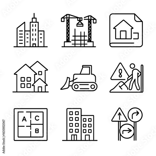 City Expansion Icons. Outline icon set of city enlargement: city skyline, construction cranes, blueprint, new