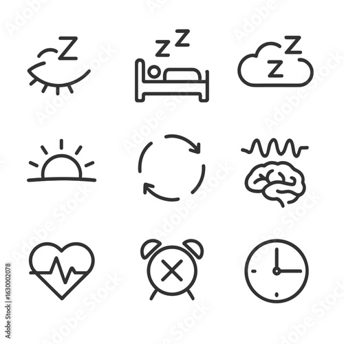 Sleep Stages Icons. Outline icon set of sleep stages: REM eye movement, deep sleep bed, light sleep cloud, awakening sun, cycle