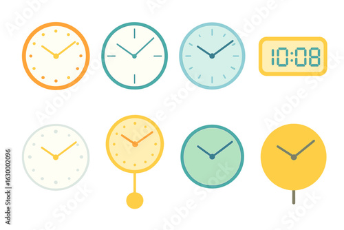 Minimalist Clock Icons. Flat vector mini-illustrations minimalist modern clocks in colors children's illustrations: frameless