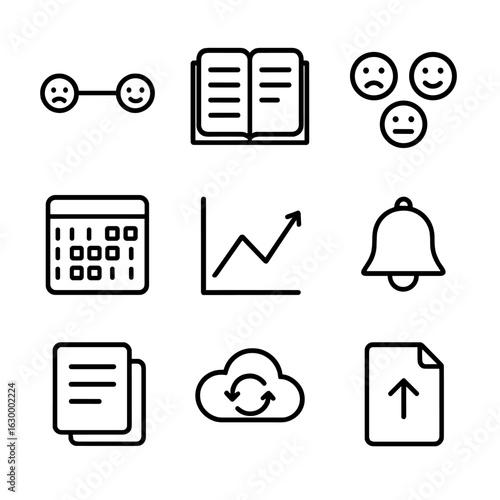 Mood Tracking Icons. Outline icon set of in-app mood tracking features: mood slider, daily journal entry, emotion emoji faces,