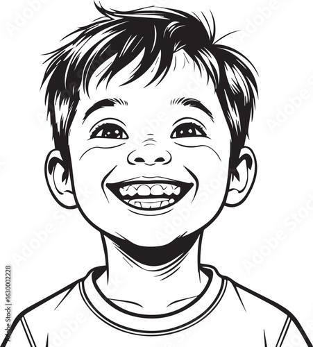Smiling Boy: A line-art portrayal of a joyous child's face, radiating happiness through a wide, genuine smile, showcasing innocence, and pure delight.