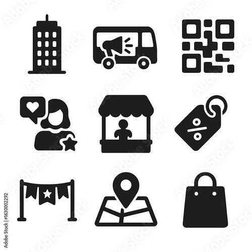 City Promotion Icons. Solid, filled icons set of city-specific promotions: skyscraper, public transport ad, QR