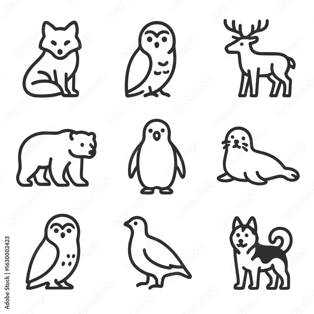 Obraz premium Snow Animals Icons. Outline icon set of snow animals and wildlife: arctic fox, snow owl, reindeer, polar bear, penguin, seal,