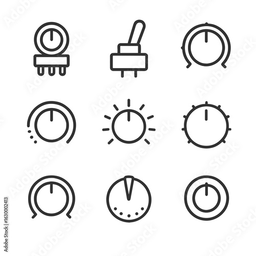 Electronic Turn Signals Icons. Outline icon set of turn signals in electronics: rotary encoder, toggle switch, potentiometer dial,