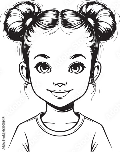 Lovely Girl with Double Buns: A charming black and white line art of a young girl with adorable double buns, radiating pure innocence and delight.