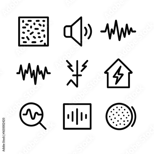 Electronic Noise Icons. Outline icon set of noise in electronics: static noise, hum, hiss, distortion, signal interference, power