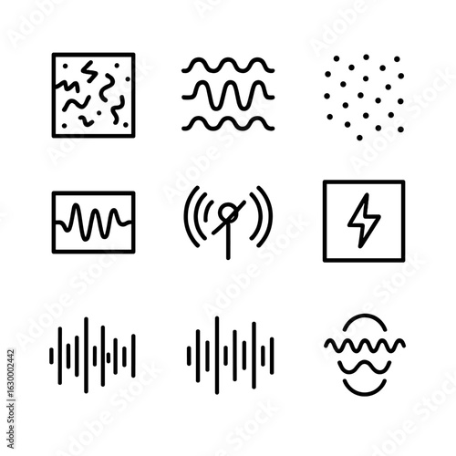 Electronic Noise Icons. Outline icon set of noise in electronics: static noise, hum, hiss, distortion, signal interference, power
