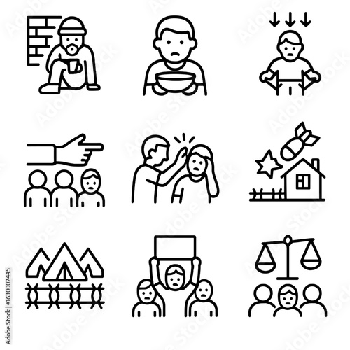 Social and Travel Icons. Outline icon set of suffering social issues: homelessness, hunger, poverty, discrimination, abuse, war