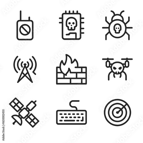 Electronic Warfare Icons. Outline icon set of enemy electronic warfare: jammer, hacking device, virus, signal disruption, firewall