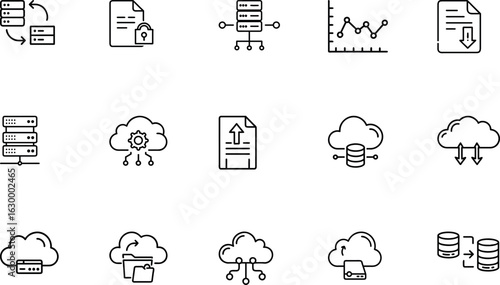 Cloud computing and data icons with server, sync, upload, download, backup, storage, analytics