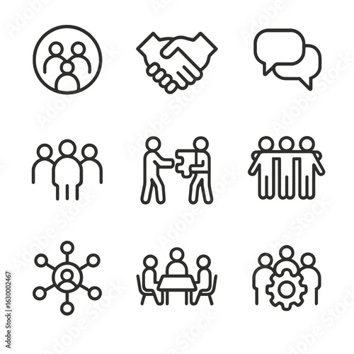 Social Bonds Icons. Outline icon set of social bonds: community, handshake, group of people, speech bubbles, cooperation, alliance