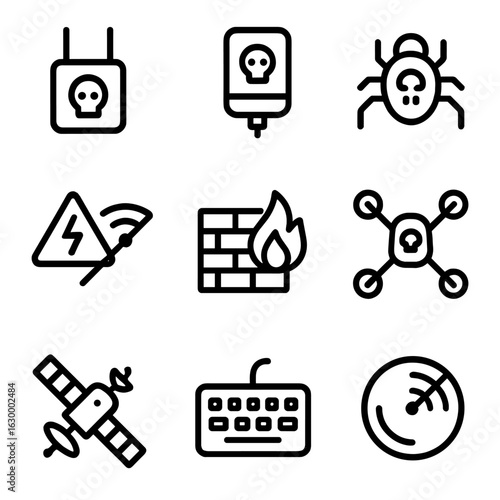 Electronic Warfare Icons. Outline icon set of enemy electronic warfare: jammer, hacking device, virus, signal disruption, firewall