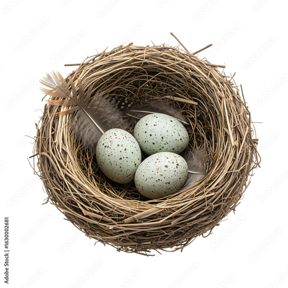 Obraz premium Bird Nest with Eggs on white Background – Symbol of New Life, Nature, and Springtime, PNG file 