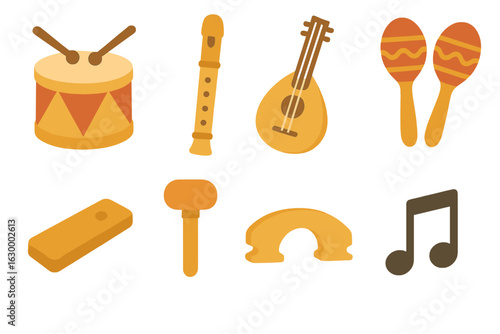 Musical Instruments Icons. Flat vector mini-illustrations global musical instrument crafting in colors children's illustrations: