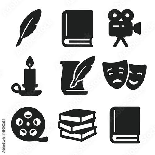 Classic Film Icon Set. Solid, filled icons set of Classic literature adapted to film: quill, old book, vintage