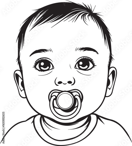 Innocent Gaze: A detailed monochrome depiction of a baby with a pacifier, conveying pure innocence and tranquility.