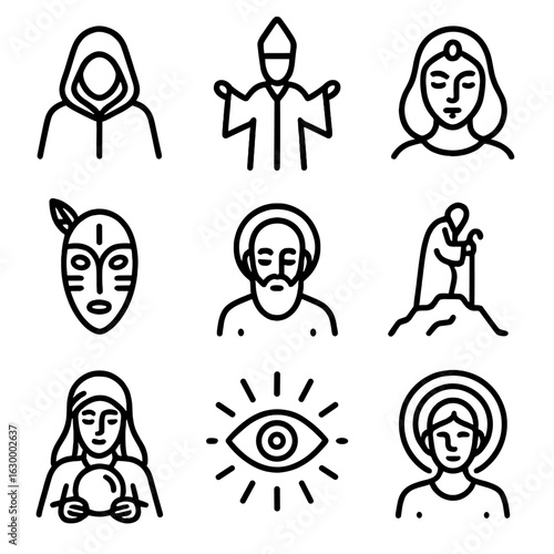 Mystic Icon Collection. Outline icon set of mystic figures and archetypes: hooded sage, high priest silhouette, oracle face,