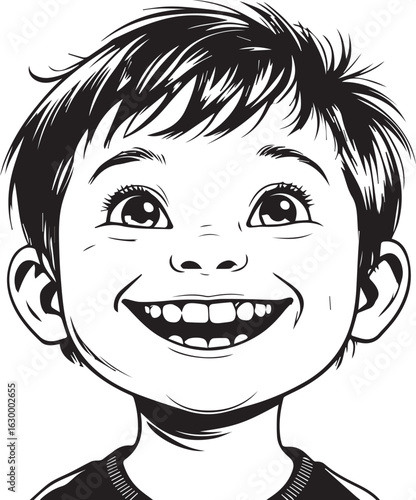 Joyful boy: a close-up grayscale illustration of a smiling young boy, his eyes sparkling with pure, unadulterated happiness and joy. Capturing the essence of childhood innocence and delight.