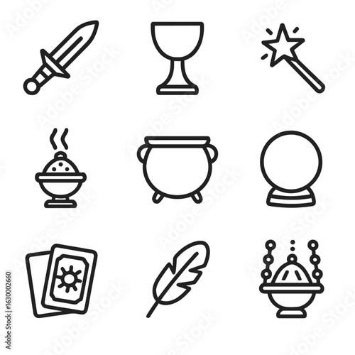 Mystical Ritual Icons. Outline icon set of mystical ritual tools: athame dagger, chalice cup, magic wand, incense burner, cauldron