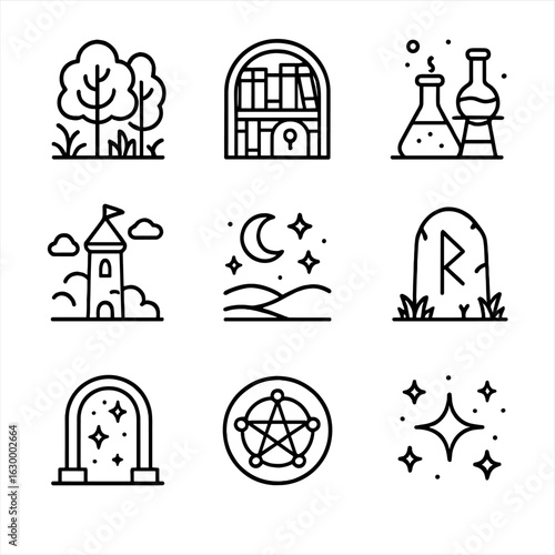 Mystical Icon Set. Outline icon set of mystical environments and artifacts: enchanted forest, secret library, alchemy lab,