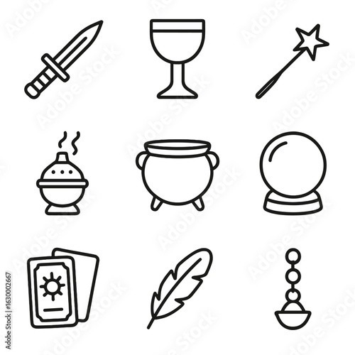 Mystical Ritual Icons. Outline icon set of mystical ritual tools: athame dagger, chalice cup, magic wand, incense burner, cauldron