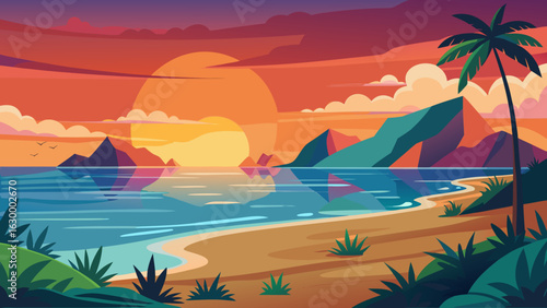 Vector art of dramatic sunset illuminating a tropical coastline with a silhouetted palm tree, reflecting fiery colors on the serene ocean surface, perfect for vacation