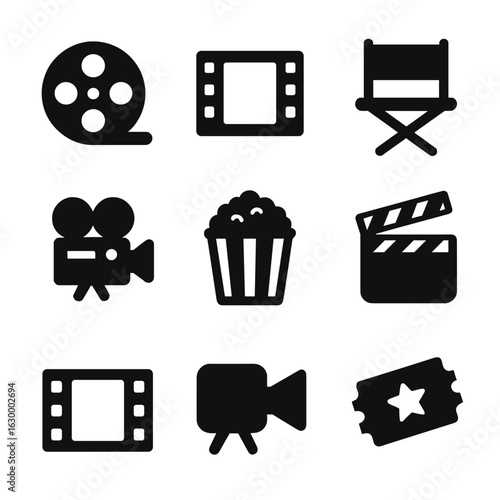 Classic Film Icons. Solid, filled icons set of classic film reel: vintage film reel, black and white frame,