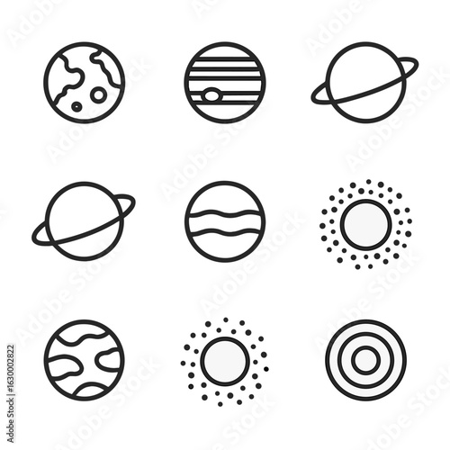 Solar System Icons. Outline icon set of solar system target destinations: Mars, Jupiter, Saturn, Uranus, Neptune, Venus, asteroid