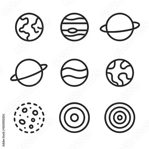 Solar System Icons. Outline icon set of solar system target destinations: Mars, Jupiter, Saturn, Uranus, Neptune, Venus, asteroid