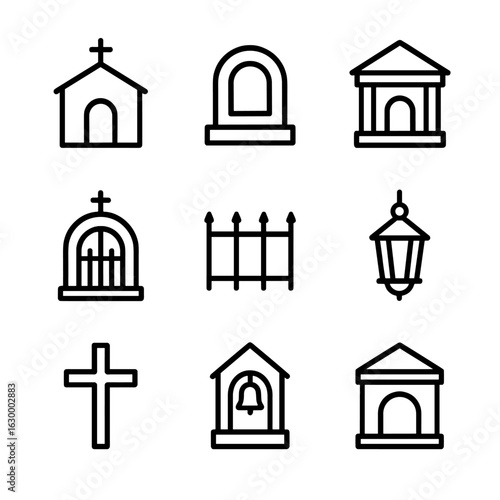 Funeral Architecture Icons. Outline icon set of funeral architecture: chapel, tomb, mausoleum, gate, fence, lantern, cross, bell