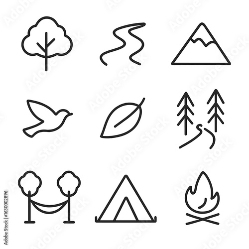 Nature Immersion Icons. Outline icon set of nature immersion and digital detox: tree canopy, flowing river, mountain peak, bird