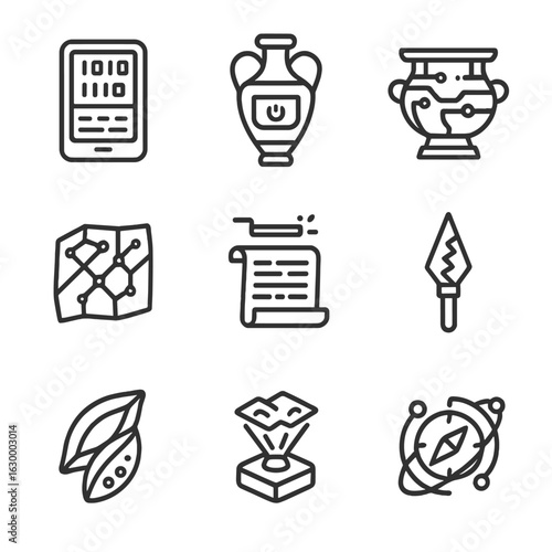Neo-Tech Relic Icons. Outline icon set of neo-tech artifact relics: digital clay tablet, smart amphora, conductive bronzeware,