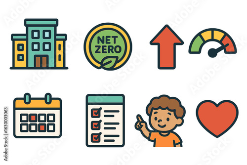 Net Zero Kid's Icons. Flat vector mini-illustrations corporate net zero pledge tracking in colors children's illustrations: