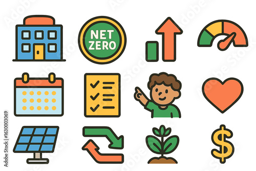 Net Zero Icons. Flat vector mini-illustrations corporate net zero pledge tracking in colors children's illustrations: company
