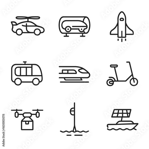 Future Transportation Icons. Outline icon set of future transportation: flying car, hyperloop, space shuttle, autonomous bus,