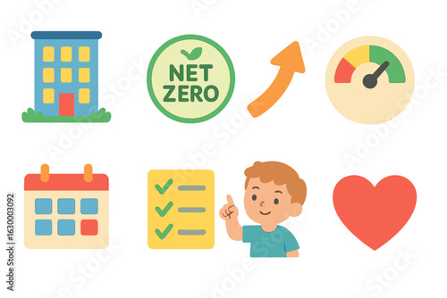 Net Zero Kid's Icons. Flat vector mini-illustrations corporate net zero pledge tracking in colors children's illustrations: