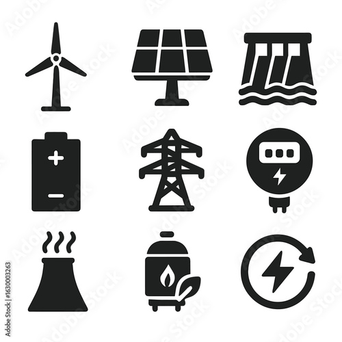 Clean Energy Icons. Solid, filled icons set of clean power generation: wind turbine, solar cell panel,
