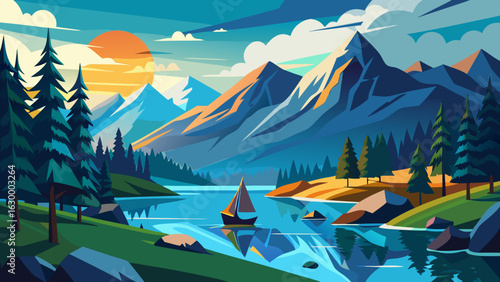 Vector art of a sailboat glides across a tranquil lake surrounded by majestic mountains and lush pine forests during a vibrant sunset