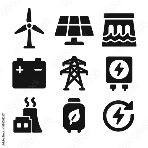Clean Energy Icons. Solid, filled icons set of clean power generation: wind turbine, solar cell panel,