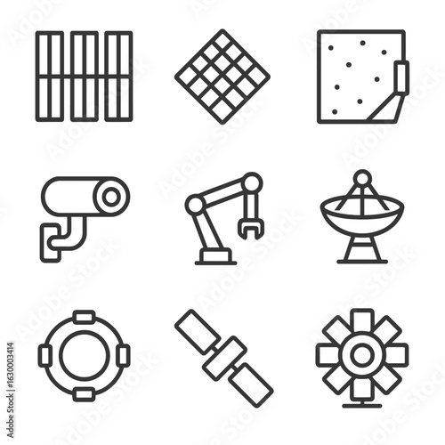 Space Station Icons. Outline icon set of external station structures: radiator panel, thermal blanket, micrometeoroid shield,