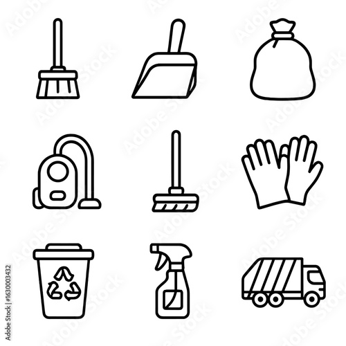Cleaning Equipment Icons. Outline icon set of cleaning equipment for holiday mess: broom, dustpan, trash bag,