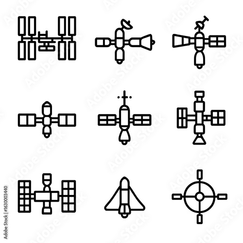 Space Stations Icons. Outline icon set of space stations: International Space Station, Mir, Salyut, Tiangong, Skylab, Almaz,